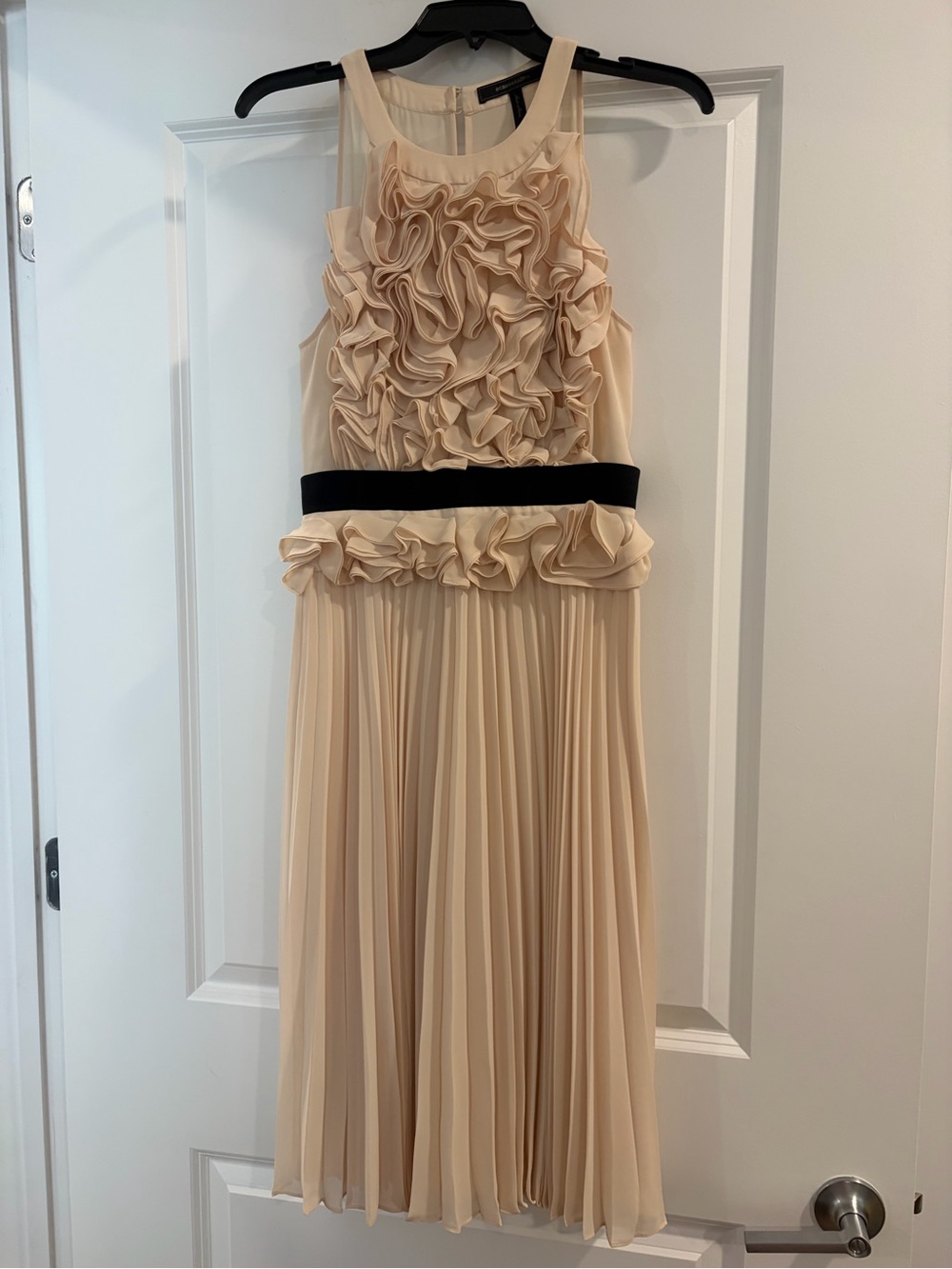 Pleated Ruffle Dress in Cream with Black Waistband by BCBGMaxAzria